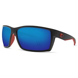 New Authentic Costa Del Mar Reefton Race Sunglasses Black Frame with Blue Mirror Lens 580G