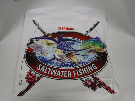 New Yamaha Short Sleeve T-shirt w/ Front Pocket w/ Yamaha Logo White Salt Water Fish Medium