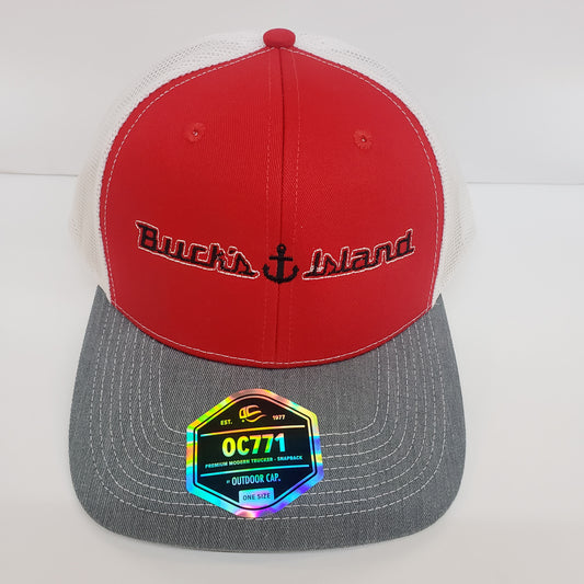 Bucks Island OC771 Trucker Hat-Gray/Red/White Mesh