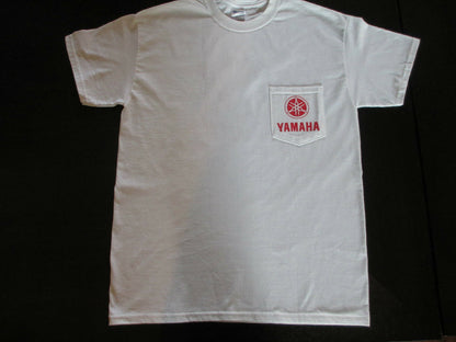 New Yamaha Short Sleeve T-shirt White w/ Front Pocket w/ Yamaha Logo/ Back Bass Fish Large