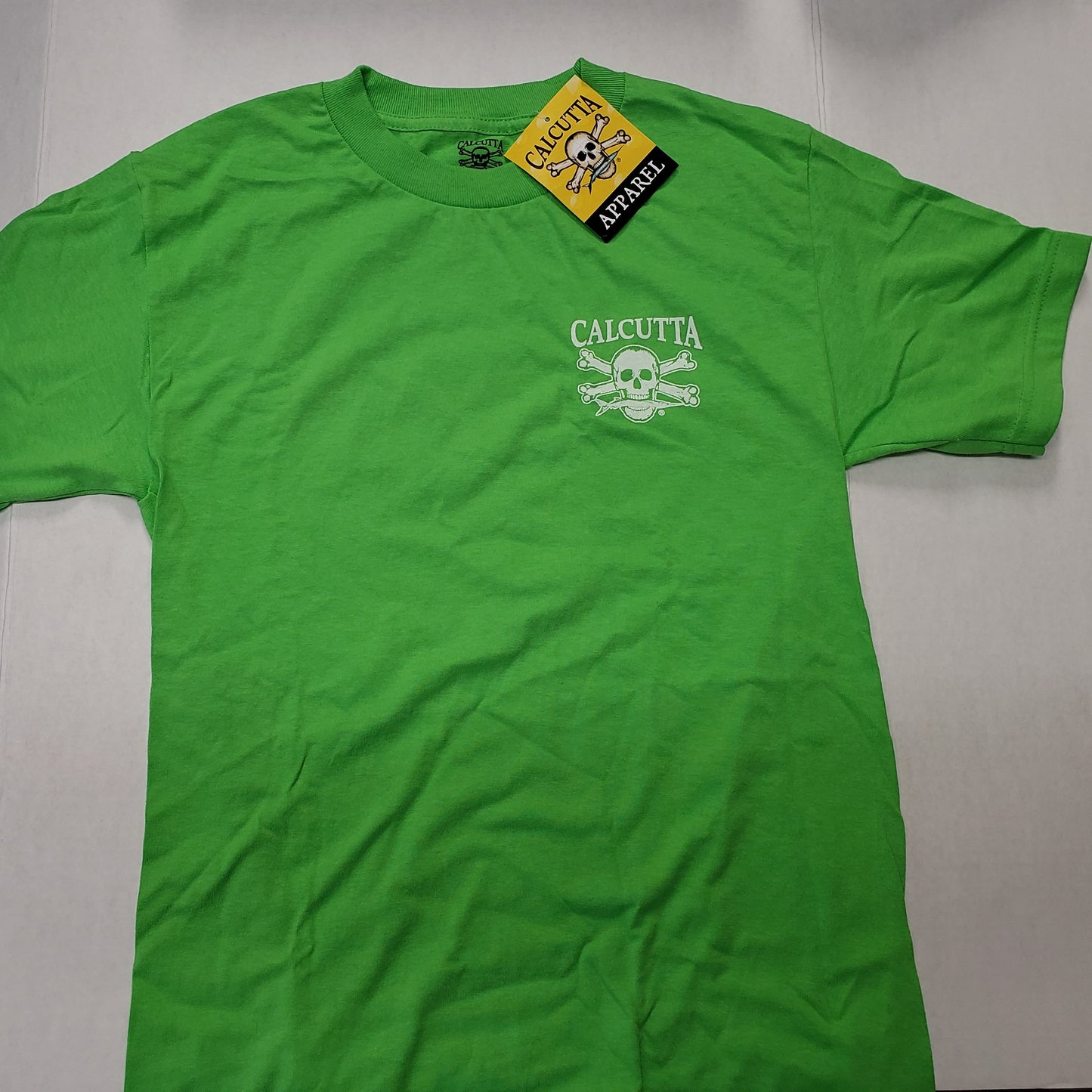 New Authentic Calcutta Short Sleeve Shirt Lime Green/ White Logo Front and Back with P.I.T.B