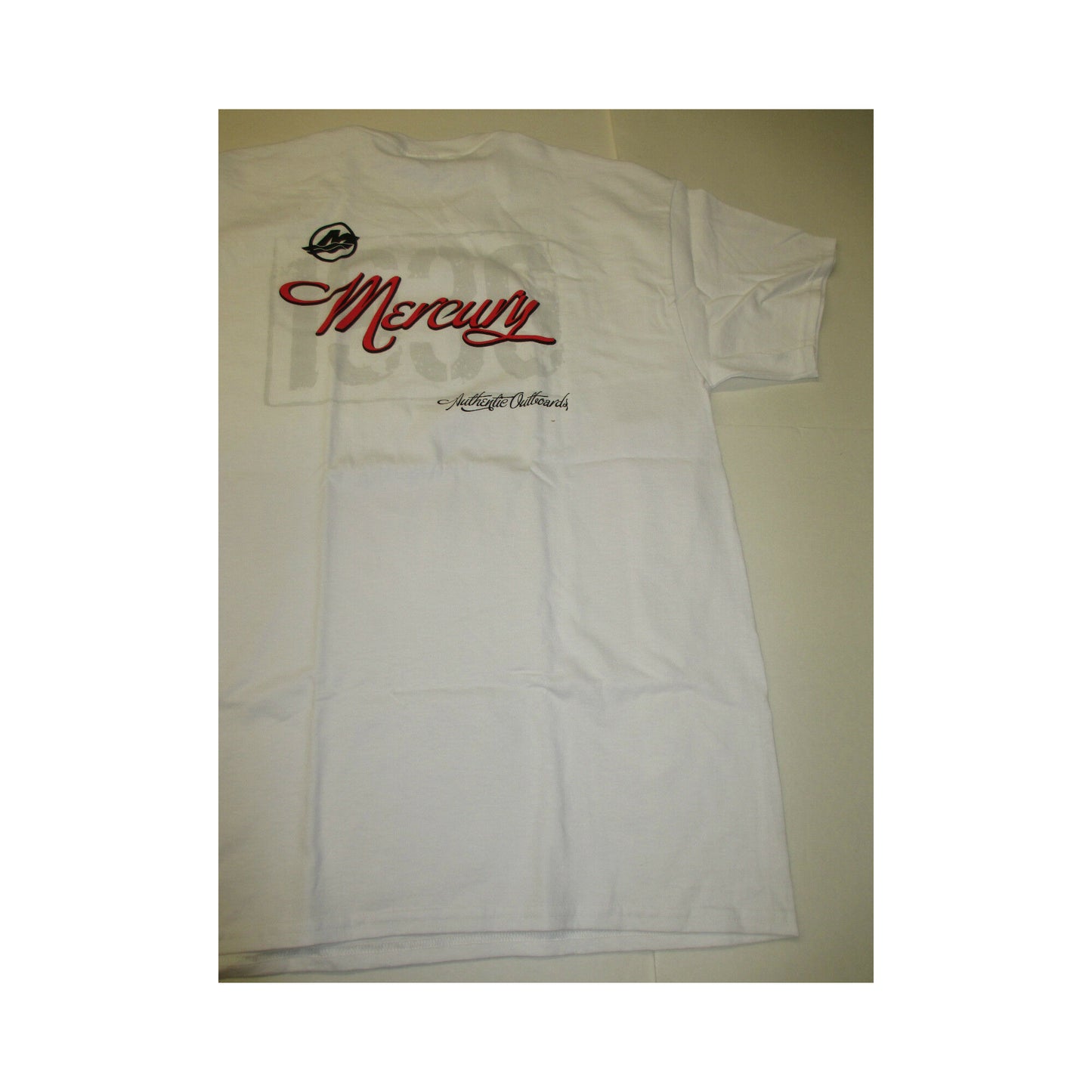 New Authentic Mercury Marine Short Sleeve Shirt-Large- White/ Red Cursive Mercury Outboards on Back