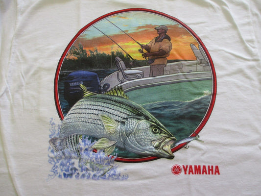 New Yamaha Short Sleeve T-shirt w/ Front Pocket w/ Yamaha Logo White/ Back Boat and Fish Large