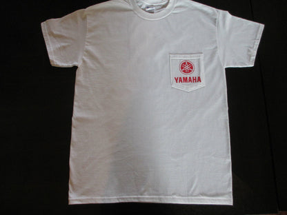 New Yamaha Short Sleeve T-shirt w/ Front Pocket w/ Yamaha Logo White/ Back Boat and Fish XL