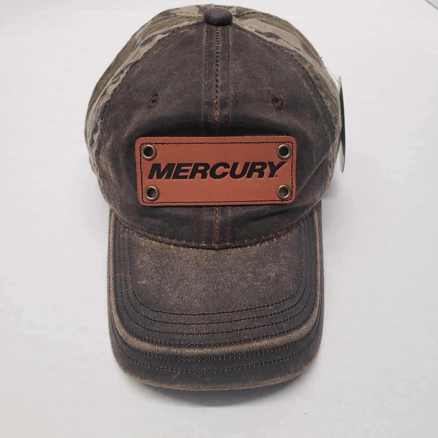 New Authentic Mercury Marine Hat Weathered Brown w/Leather Patch Camo Back