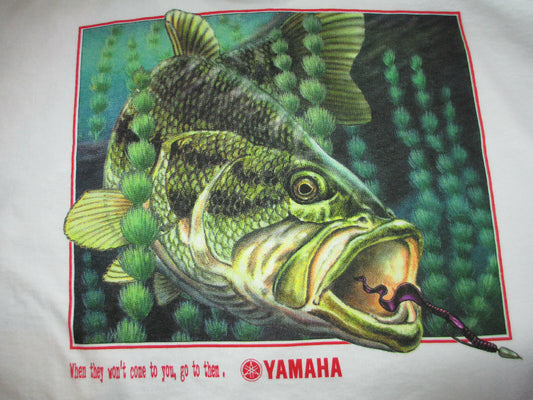 New Yamaha Short Sleeve T-shirt White w/ Front Pocket w/ Yamaha Logo/ Back Bass Fish Large