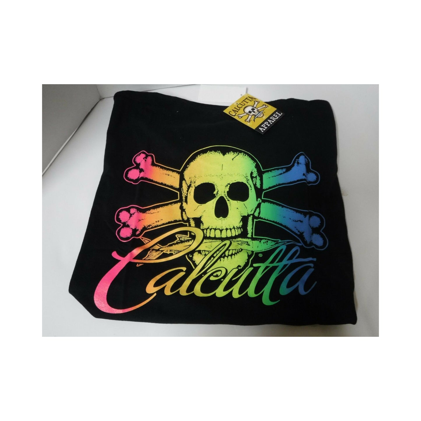 New Authentic Calcutta S/S Shirt -Black/  Neon Rainbow Logo- XLarge