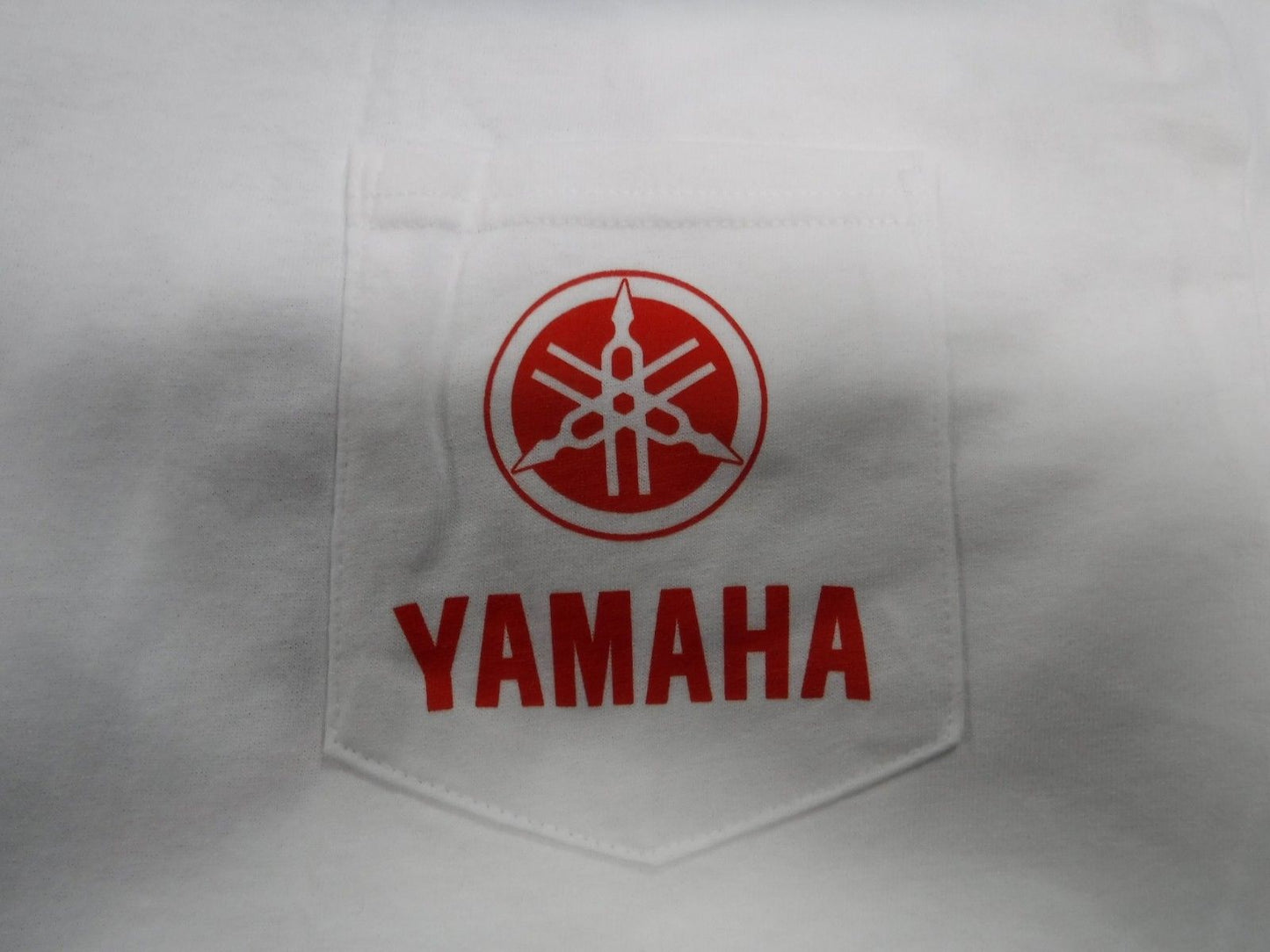 New Yamaha Short Sleeve T-shirt w/ Front Pocket w/ Yamaha Logo White with Motor and Fish Logo Large