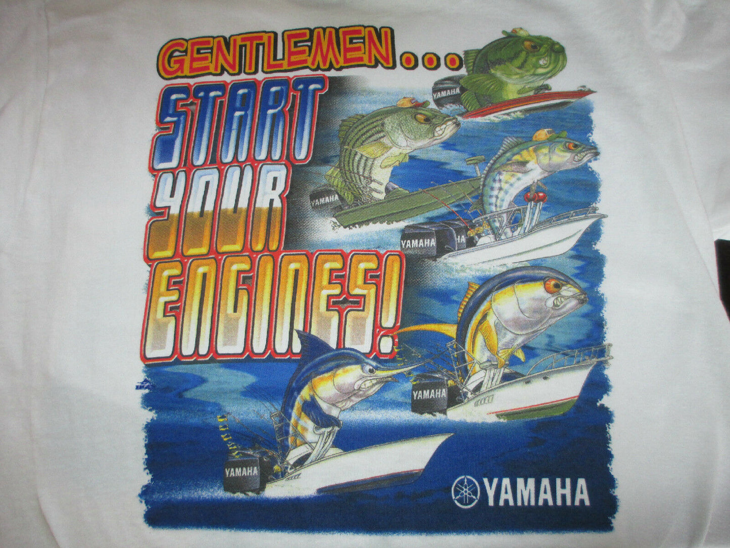New Yamaha Short Sleeve T-shirt White/ Front Pocket Yamaha Logo/Back "Gentlemen Start your Engines"