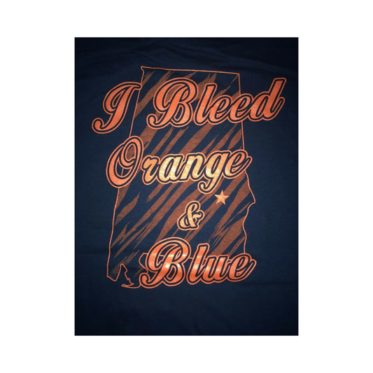 Auburn Univeristy T-Shirt/ Front Go Auburn/ Back I Bleed Orange & Blue in Orange over Tiger Print State