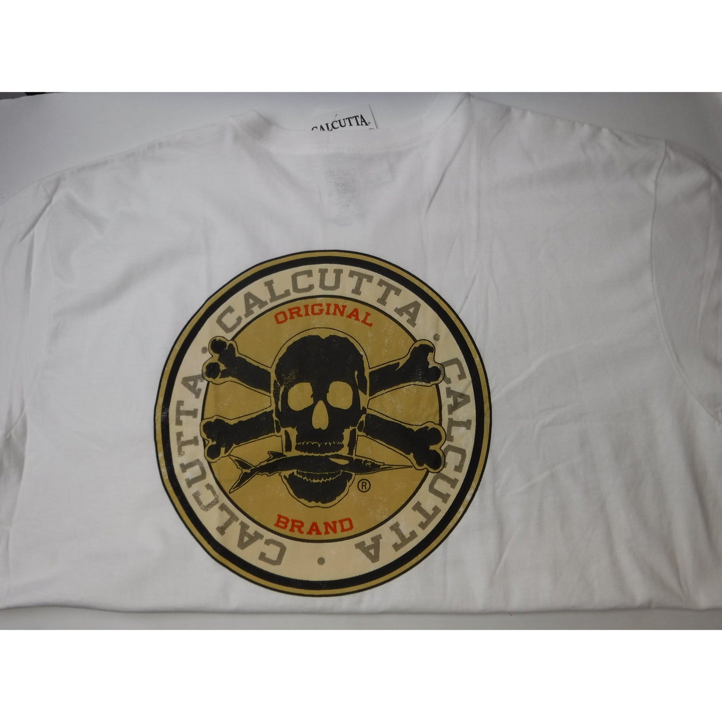 New Authentic Calcutta Short Sleeve Shirt White/ Front Black Original Small Logo/ Circle Patch Logo on Back 2XL