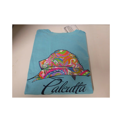 New Authentic Calcutta Short Sleeve Shirt  Lagoon Blue/ Front Calcutta/ Back Multi-Color Sailfish Medium