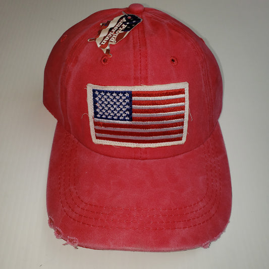 Proud American Distressed Hat w/ American Flag Patch Red