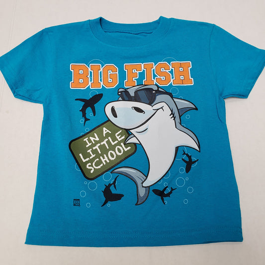 Kids BIG FISH IN A LITTLE SCHOOL Blue Shirt With shark 100% Cotton Size 4
