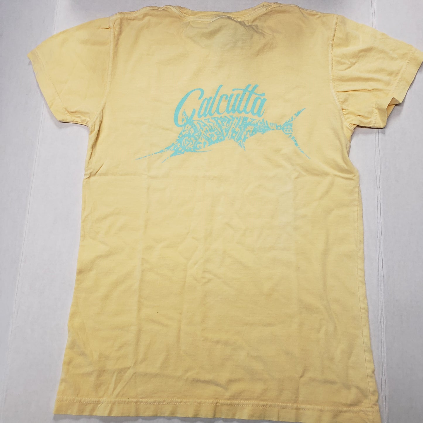 New Authentic Calcutta Ladies Short Sleeve Shirt  Butter/ Front Coastal Blue Original Logo & Back Marlin Small