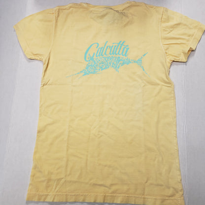 New Authentic Calcutta Ladies Short Sleeve Shirt  Butter/ Front Coastal Blue Original Logo & Back Marlin Small