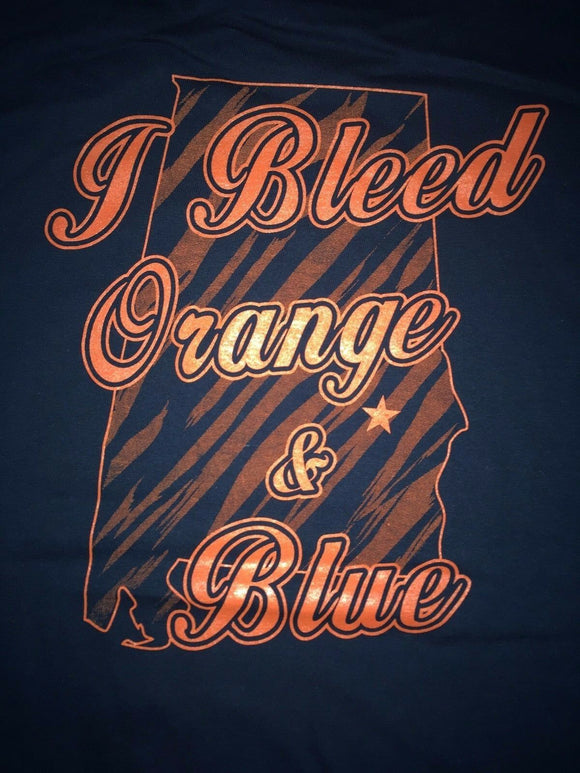 Auburn Univeristy T-Shirt/ Front Go Auburn/ Back I Bleed Orange & Blue in Orange over Tiger Print State  Small