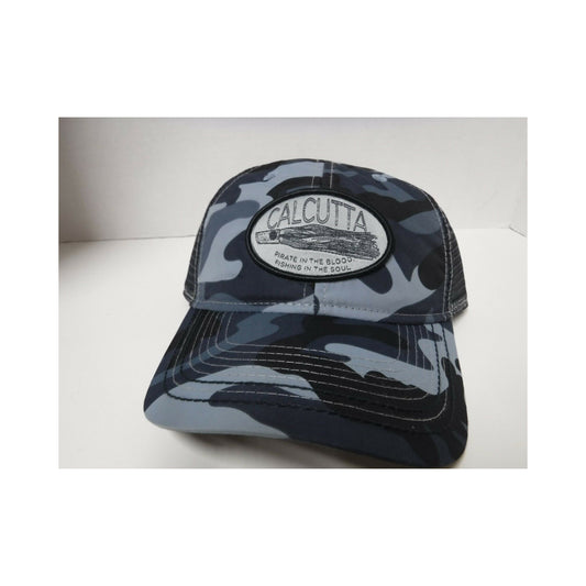 New Authentic Calcutta Hat Blue Camo with Lure Patch/ Black Mesh