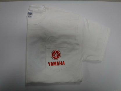 New Yamaha Short Sleeve T-shirt w/ Front Pocket w/ Yamaha Logo White with Motor and Fish Logo Large